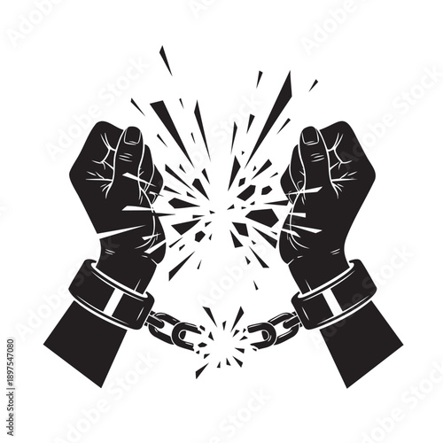 Hands breaking free from metal chains with explosive effect isolated