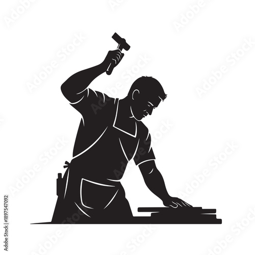 Blacksmith hammering metal in silhouette with dramatic lighting on white background for industrial design