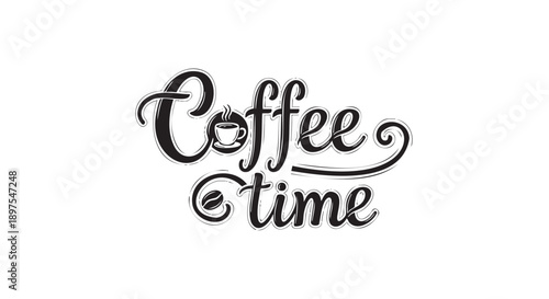 Handwritten calligraphy coffee time lettering with steaming cup illustration