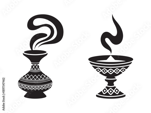 Incense burners with smoke with dark pattern. This art style is flat style.