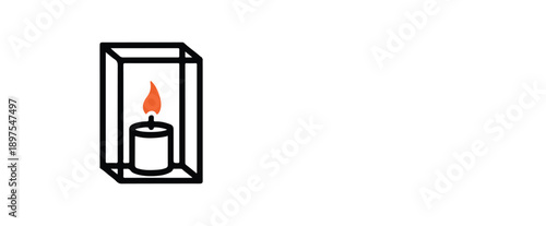 A minimalist graphic illustration of a candle flame burning brightly inside a glass box. The simple design and warm color create a feeling of peace and serenity.