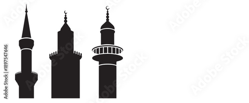 Elegant silhouettes of three minarets, the iconic towers of mosques, standing tall against a bright background.