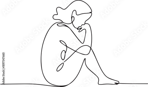 A lone figure sits contemplatively on the ground, lost in thought, from a side viewpoint, a simple line drawing illustration