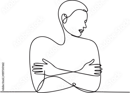 Continuous line drawing of a person embracing themselves in contemplation