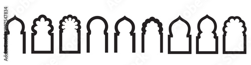 Architectural arches and decorative design set in the middle east or islamic culture with a black border.