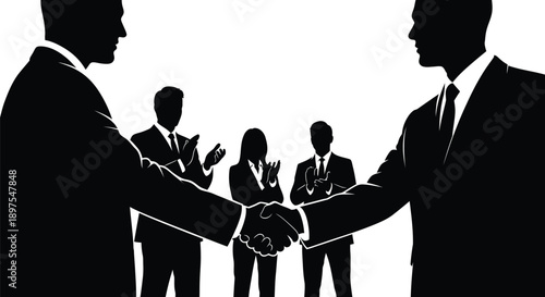 Adobe Illustrator ArtworkSilhouetted business executives finalizing a significant professional agreement with a firm handshake while colleagues applaud the successful deal conclusion in the background