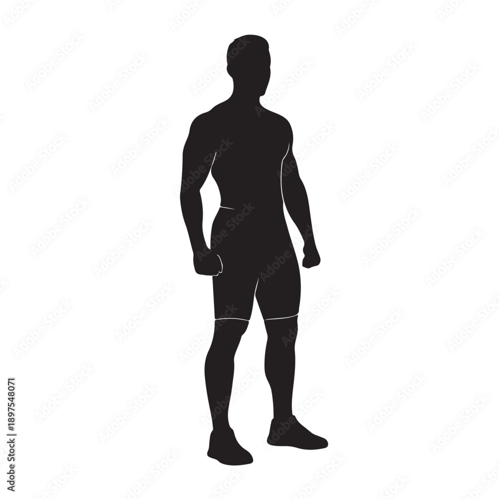 Obraz premium Male Silhouette Standing in Simple Minimalist Black Outline on White Background for Fitness Illustration