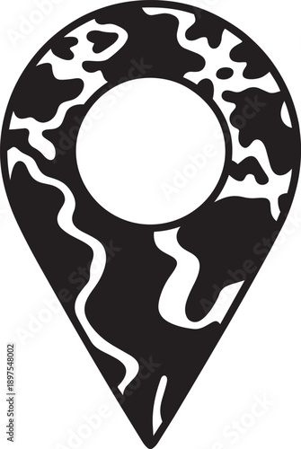 Black global location pin icon with stylized earth inside on transparent background