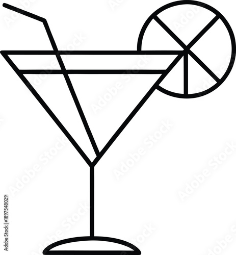 Cocktail martini glass with lemon slice and straw outline vector illustration on white background