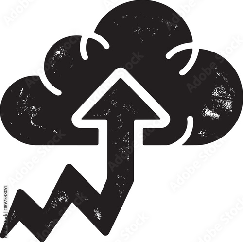 Distressed black cloud with upload arrow icon on transparent background