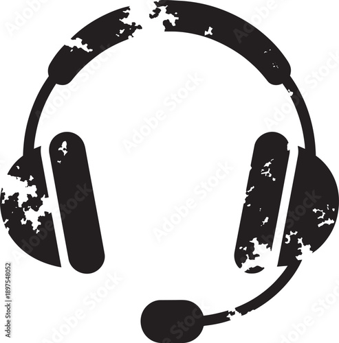 Distressed black headphones with microphone icon isolated on transparent background