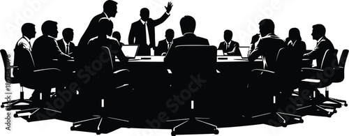 Silhouetted business professionals gathered around a large conference table engaged in a serious presentation or corporate strategy meeting illustration.