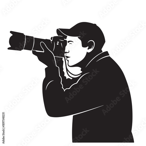 Man Photographer Silhouette in Monochrome Minimalist Style with High Contrast Lighting on White Background for Advertising