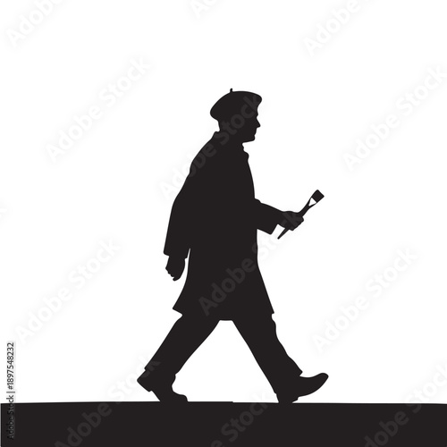Silhouette of man walking with microphone in dark formal attire against white background for advertising