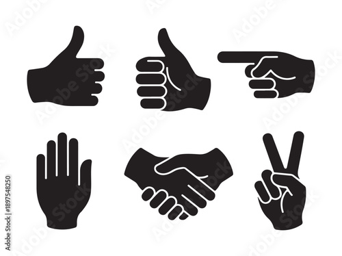 Set of different hand gestures in black and white silhouette form. These different hand gestures convey a diverse range of expressions and meanings. 