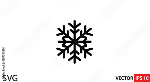 Simple Black Snowflake Icon Vector Graphic.