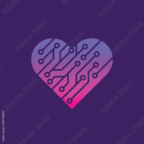 Foto Digital heart with circuit board design on purple background