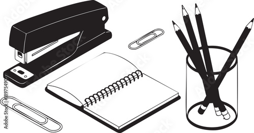 Black and white isometric office supplies stapler notebook pencils paperclips vector