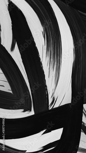 Abstract black and white painting with curved brushstrokes, suitable for modern art concepts, interior decor, and artistic backgrounds.
