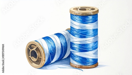Blue and white striped thread spools side by side symbolizing sewing textiles craftsmanship and vibrant color contrast
