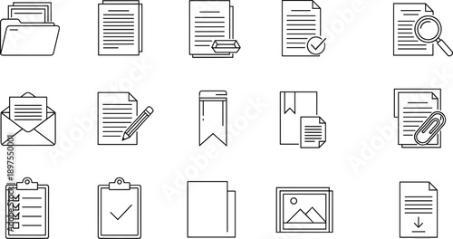Document and file management line icon set with folder, checklist, attachment, search, report, download vector outline pack