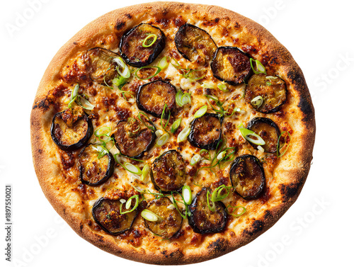Delicious and appetizing pizza topped with eggplant and green onion, ready to be enjoyed! Isolated Transparent Background, PNG