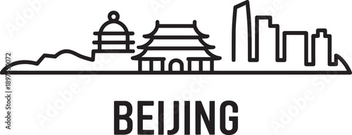 Beijing china skyline vector line art with forbidden city temple and modern skyscraper design