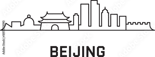 Beijing city skyline vector illustration with great wall forbidden city and urban skyscrapers