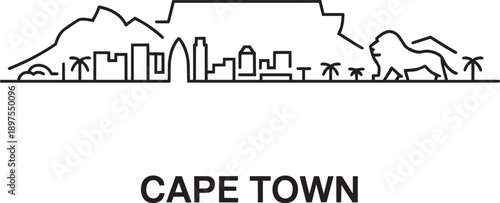 Cape town skyline vector line art showing table mountain peaks and downtown office buildings