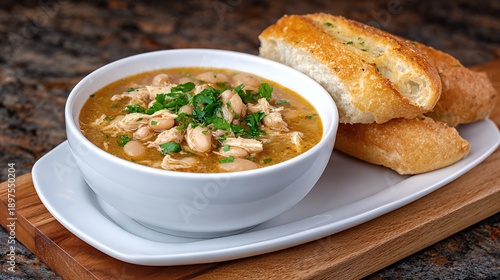 White Chicken Chili Recipe Served With Bread on a Wooden Board at a Kitchen Table During Daytime