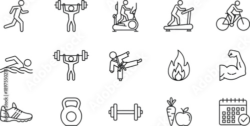 Fitness and workout line icon set with gym training, running, cycling, weightlifting, nutrition, schedule vector outline collection
