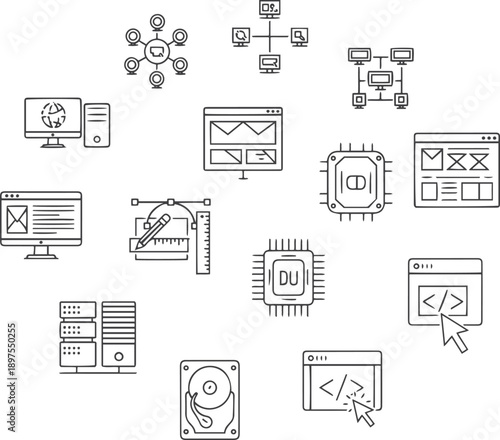 Internet computer line icon set. Website icon for contact icons. Computer, network, website, server, web design, hardware, software and more. Website set icon Pro Vector
