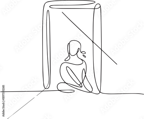 A woman sitting alone inside a large glass, lost in thought, depicted in a minimalistic line drawing style.