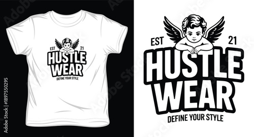 Vintage style hustle wear t-shirt design featuring cute angel illustration and decorative typography