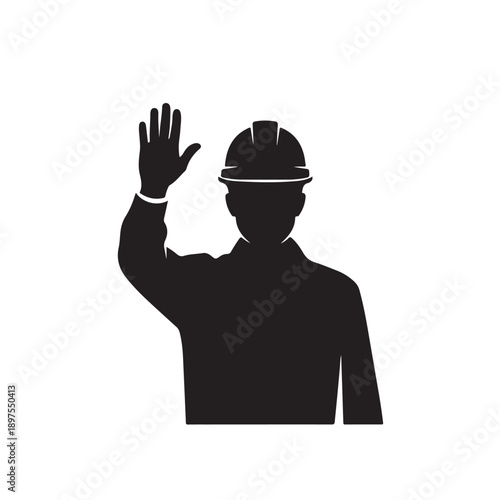 Construction Worker Silhouette Waving Hand in Black Color on White Background for Safety Icon