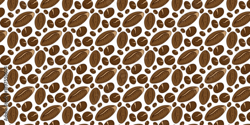 Seamless pattern of coffee beans and coffee beans on a white background, perfect for food and beverage industry packaging and design
