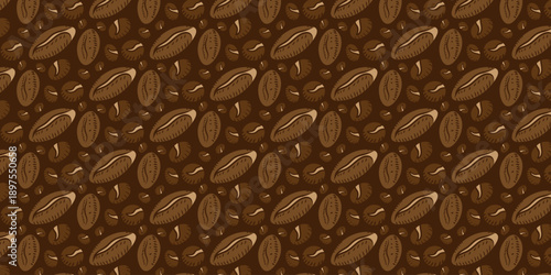 Warm brown seamless pattern featuring an array of detailed coffee beans and finely ground particles, evoking the rich aroma and natural beauty of roasted coffee
