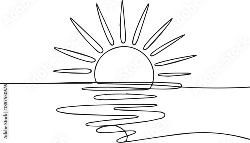 Simple line drawing of a serene sunrise over calm waters from a distant viewpoint