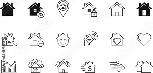 Real estate and smart home line icon set with security, wifi, finance, analytics, location, insurance vector collection pack