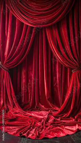 Rich, deep red velvet theater curtains dramatically draped and gathered on a dark stage floor.