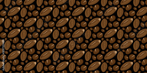 Seamless pattern of rich brown coffee beans against a dark background, perfect for culinary or beverage-themed designs