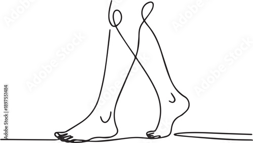 Continuous line drawing of legs walking on a path, side view, minimalist illustration