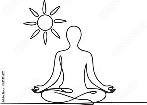 A person meditating in lotus position under the sun's rays from a high viewpoint