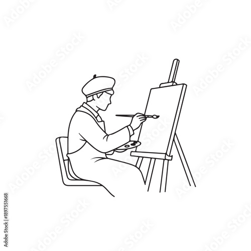 Artist Painting on Canvas in Simple Line Art Style with Monochromatic Color Scheme on White Background for Artistic Illustration