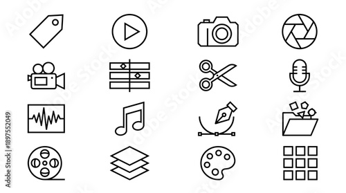 Set of 16 minimalist black and white line icons for creative media production, video editing, photography, and graphic design including camera, film reel, scissors, pen tool, and music note.