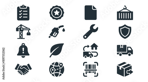 Set of 16 Logistics and Supply Chain Vector Icons Featuring Last-Mile Delivery, Shipping Containers, Global Tracking, Eco-Friendly Transport, Quality Assurance, and Warehouse Management Symbols.