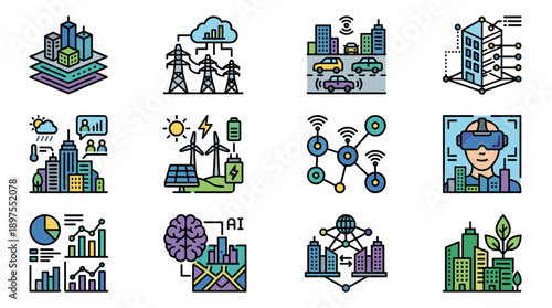 Vector Icon Set of Digital Twin City Models and Smart Urban Infrastructure Featuring IoT Connectivity, Sustainable Energy, Data Analytics, AI, Virtual Reality, and Green Building Technology.