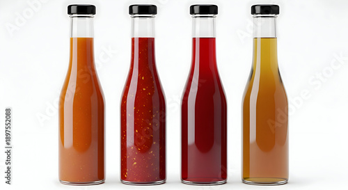 Four glass bottles of assorted juice or sauce on white background healthy drink options