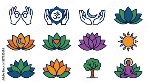 Yoga and Meditation Vector Icon Set Featuring Lotus Flowers, Mudra Hands, Om Symbol, Sun, Moon, and Tree of Life in Bold Outline Style for Wellness, Spirituality, Zen, and Mindfulness Design.