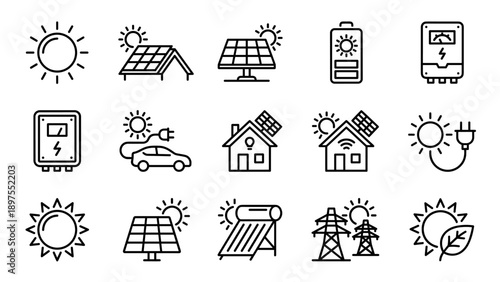 Vector Set of Minimalistic Solar Power and Sun Energy Line Icons Featuring Renewable Energy Concepts like Solar Panels, Green Electricity, Sustainable Living, Electric Cars, and Smart Home Systems